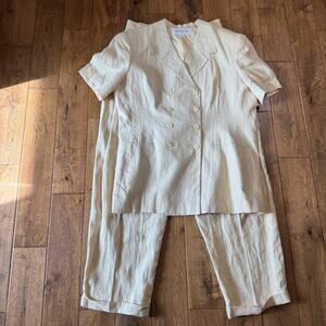 Vtg Jones NY Women's 80s Butter Yellow 100% Linen Short Sleeve Suit Size 16